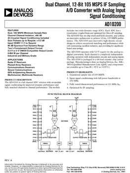 AD10200. Dual Channel, 12-Bit, 105 MSPS IF Sampling A/D Converter With Analog Input Signal Conditioning 