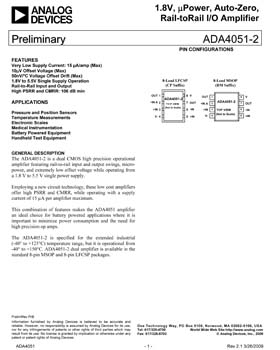 ADA4051-2. 1.8V, µPower, Auto-Zero, Rail-to-Rail I/O Amplifier