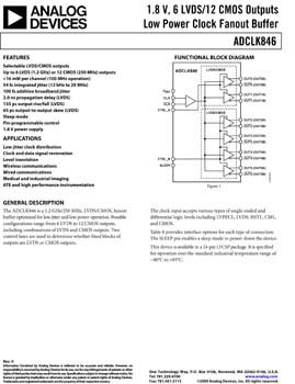 ADCLK846. 1.8 V, 6 LVDS/12 CMOS Outputs Low Power Clock Fanout Buffer