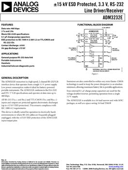 ADM3232E. ±15 kV ESD Protected, 3.3 V, RS-232 Line Driver/Receiver