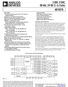 AD1837A. 2 ADC, 8 DAC, 96 kHz, 24-Bit Sigma Delta CODEC