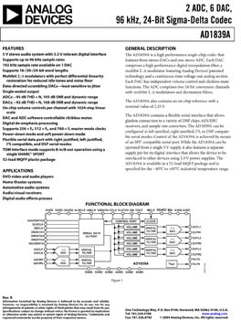 AD1839A. 2 ADC, 6 DAC 96 kHz, 24-Bit Sigma Delta Codec