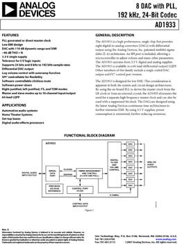 AD1933. 8 DAC with PLL, 192 kHz, 24-Bit Codec