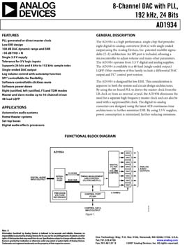 AD1934. 8-Channel DAC with PLL, 192 kHz, 24 Bits