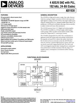 AD1938. 4 ADC/8 DAC with PLL, 192 kHz, 24-Bit CODEC