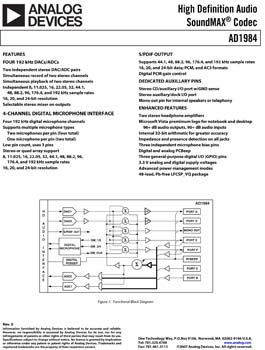 AD1984. HD Audio CODEC, 4 channels, up to 96 dB performance, digital mic support