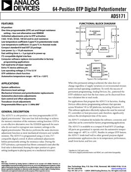 AD5171. 64 Position OTP Digital Potentiometer