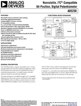 AD5258. Nonvolatile, I2c(r)-Compatible 64-Position, Digital Potentiometer 