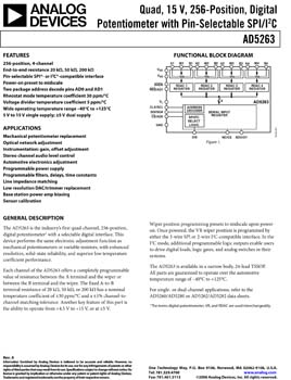 AD5263. Quad, 15 V, 256-Position Digital Potentiometer with Pin-Selectable SPI/I2c