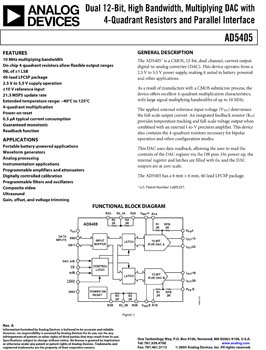 AD5405. Dual 12-Bit , High Bandwidth, Multiplying DAC with 4 Quadrant Resistors and Parallel Interface