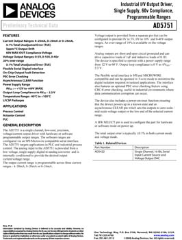 AD5751. Industrial I/V Output Driver, Single Supply, 60v Compliance, Programmable Ranges