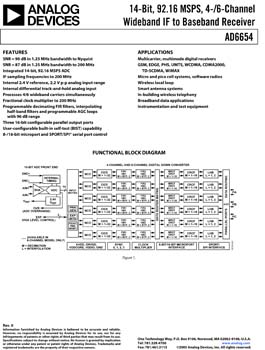 AD6654. 14-Bit, 92.16 MSPS, 4 & 6-Channel Wideband IF to Base Band Receiver
