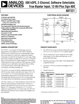 AD7321. 500 kSPS, Software Selectable True Bipolar Input, 2-Channel, 12-Bit Plus Sign SAR A/D Converter