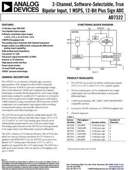 AD7322. Software Selectable True Bipolar Input, 2-Channel, 12-Bit Plus Sign ADC