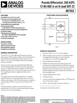 AD7453. Pseudo Differential, 555 kSPS, 12-Bit A/D Converter in 8-Lead SOT-23