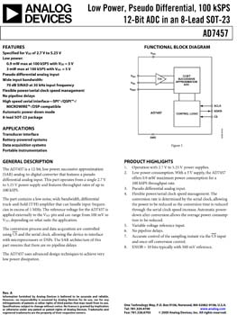 AD7457. Pseudo Differential Input, 100 kSPS, 12-Bit ADC in 8-Lead SOT-23