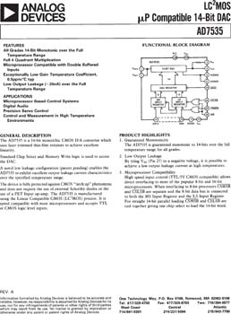 AD7535. 14-Bit 4-Quadrant Multiplying (Current Output) DAC with Byte-wide Parallel Interface