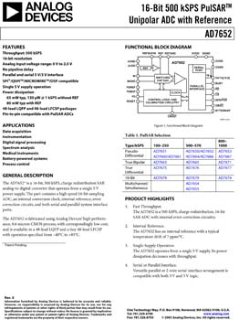 AD7652. 16-Bit 500 kSPS PulSAR(r) Unipolar ADC with Ref
