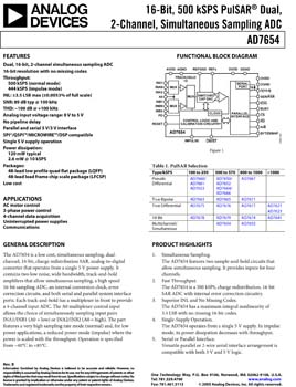 AD7654. Dual, 2-Channel, Simultaneous Sampling, PulSAR(r), 500 kSPS, 16-Bit ADC