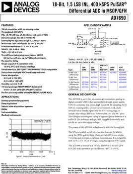 AD7690. 18-Bit, 1.5 LSB INL, 400 kSPS PulSAR(r) Differential ADC in MSOP/QFN