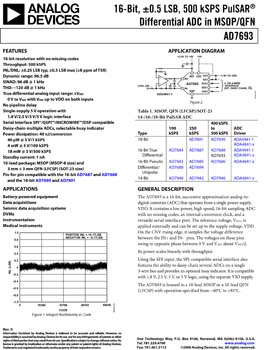 AD7693. 16-Bit, ±0.5 LSB, 500 kSPS PulSAR(r) Differential A/D Converter in MSOP/QFN