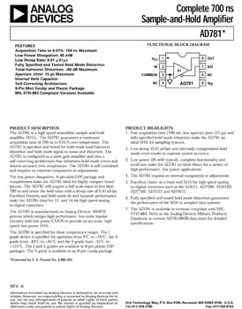 AD781. High speed, monolithic SHA with a max acquisition time for 700 ns to 0.01% over temperature.