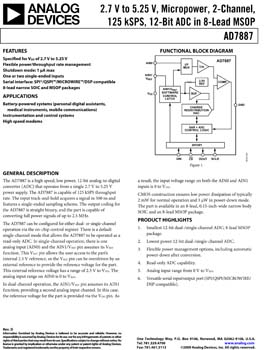 AD7887. 2.7 V to 5.25 V, Micropower, 2-Channel, 125 kSPS, 12-Bit ADC in 8-Lead MSOP