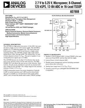AD7888. 2.7 V to 5.25 V, Micro Power, 8-Channel, 125 kSPS, 12-Bit ADC in 16-Pin TSSOP
