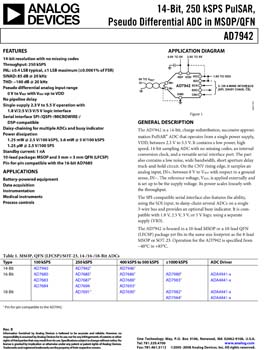 AD7942. 14-Bit, 250 kSPS PulSAR(r), Pseudo Differential ADC in MSOP/QFN