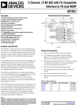AD7992. 2-Channel, 12-Bit ADC with I2c Compatible Interface in 10-Lead MSOP
