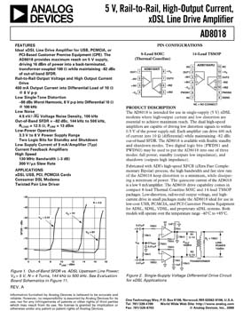 AD8018. 5 V, Rail-to-Rail, High Output Current, xDSL Line Driver Amplifiers
