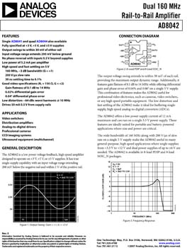 AD8042. Dual 160 MHz Rail-to-Rail Amplifier