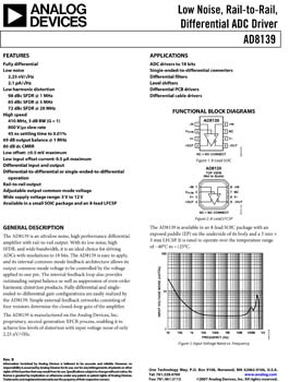 AD8139. Low Noise, Rail-to-Rail, Differential ADC Driver