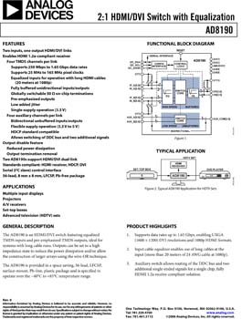 AD8190. 2:1 HDMI/DVI Switch with Equalization