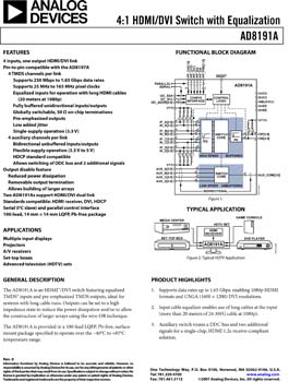 AD8191A. 4:1 HDMI/DVI Switch with Equalization