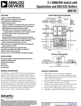 AD8192. 2:1 HDMI/DVI Switch with Equalization and DDC/CEC Buffers