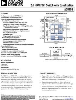 AD8196. 2:1 HDMI/DVI Switch with Equalization