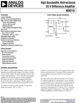 AD8216. High Bandwidth, Bidirectional 65 V Difference Amplifier