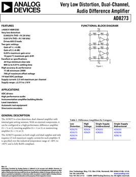 AD8273. Very Low Distortion, Dual-Channel, Audio Difference Amplifier