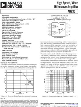 AD830. High Speed, Video Difference Amplifier