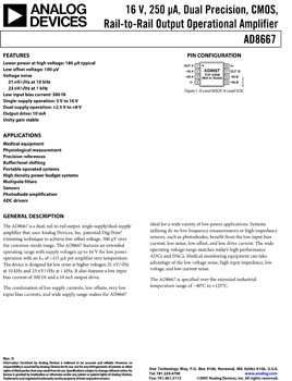 AD8667. Low Noise, Precision, 16 V, CMOS, Rail-to-Rail Operational Amplifier (Dual)