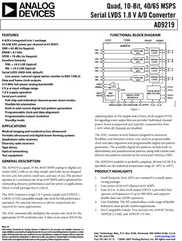 AD9219. Quad, 10-Bit, 40/65 MSPS Serial LVDS 1.8 V A/D Converter