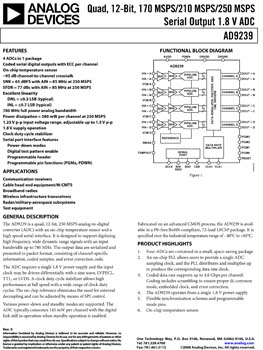 AD9239. Quad, 12-Bit, 170 MSPS/210 MSPS/250 MSPS Serial Output 1.8 V ADC