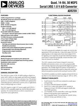 AD9259. Quad, 14-Bit, 50 MSPS Serial LVDS 1.8 V A/D Converter