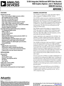 AD9388A. 10-Bit Integrated, Multiformat, HDTV Video Decoder, RGB Graphics Digitizer, and 2:1 Multiplexed HDMI/DVI Interface