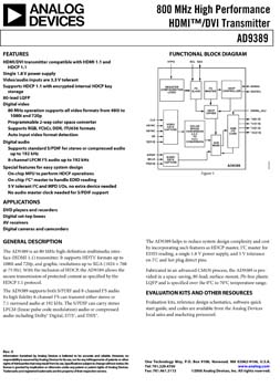 AD9389. High Performance HDMI(tm)/DVI Transmitter with Internal HDCP Keys