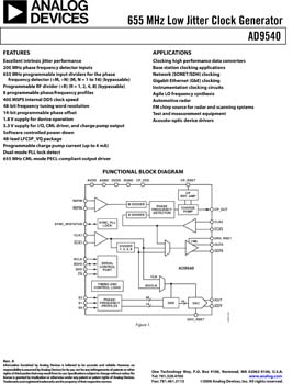 AD9540. Low Jitter, DDS-based Clock Generator and Synthesizer