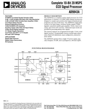 AD9843A. Complete 10-Bit, 20 MHz CCD Signal Processor
