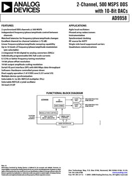 AD9958. 2-Channel 500 MSPS DDS with 10-Bit DACs