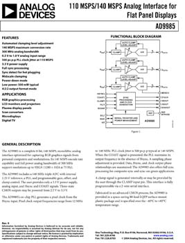 AD9985. 110 MSPS/140 MSPS Analog Interface for Flat Panel Displays